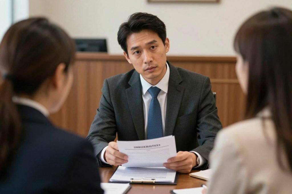 Abogado de inmigración asesorando a su cliente antes de una audiencia en la Corte de Inmigración en Los Ángeles