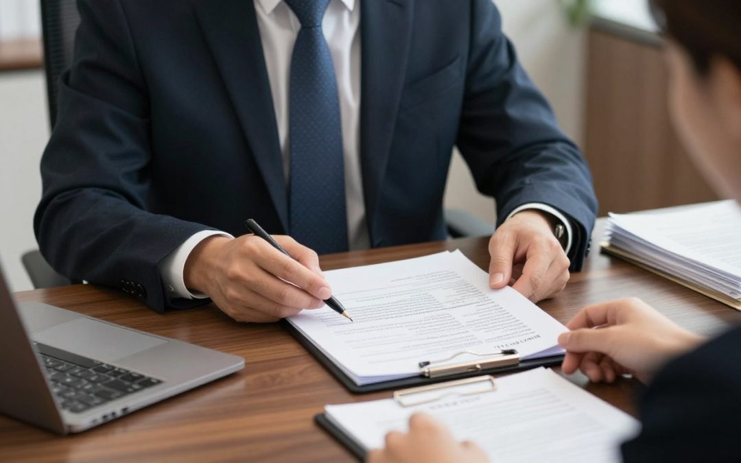 Abogado de inmigración revisando documentos con un cliente para servicios de inmigración