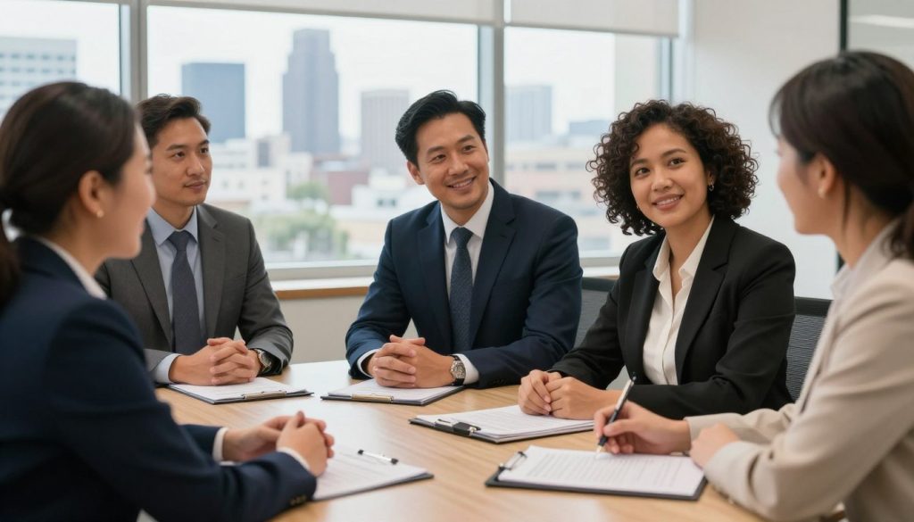 Abogados de inmigración atendiendo a clientes en una oficina en Los Ángeles Abogados de inmigración atendiendo a clientes en una oficina en Los Ángeles