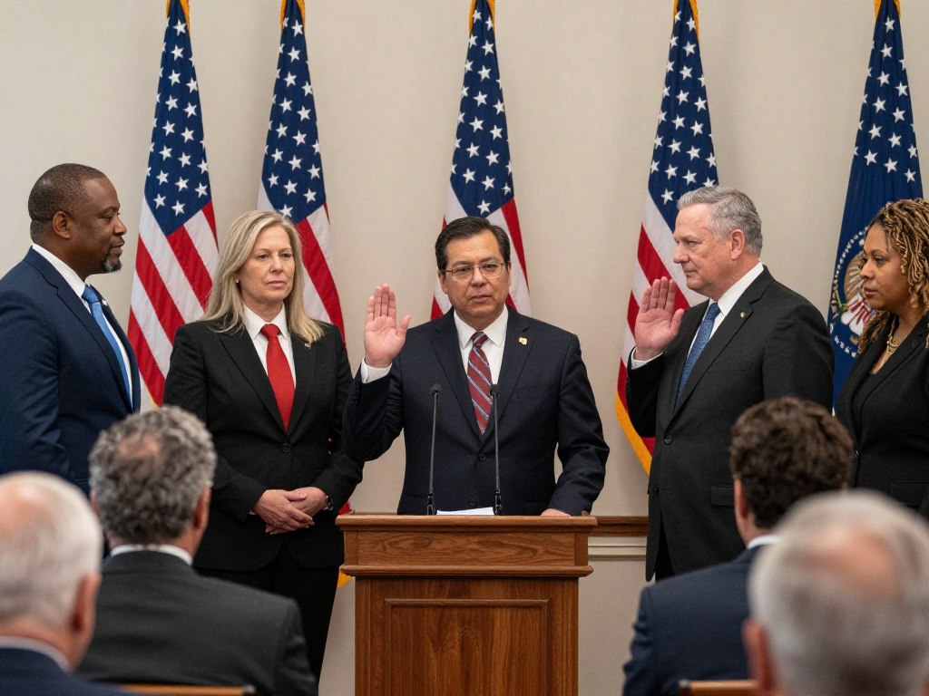 Ceremonia de naturalización con nuevos ciudadanos y servicios de inmigración