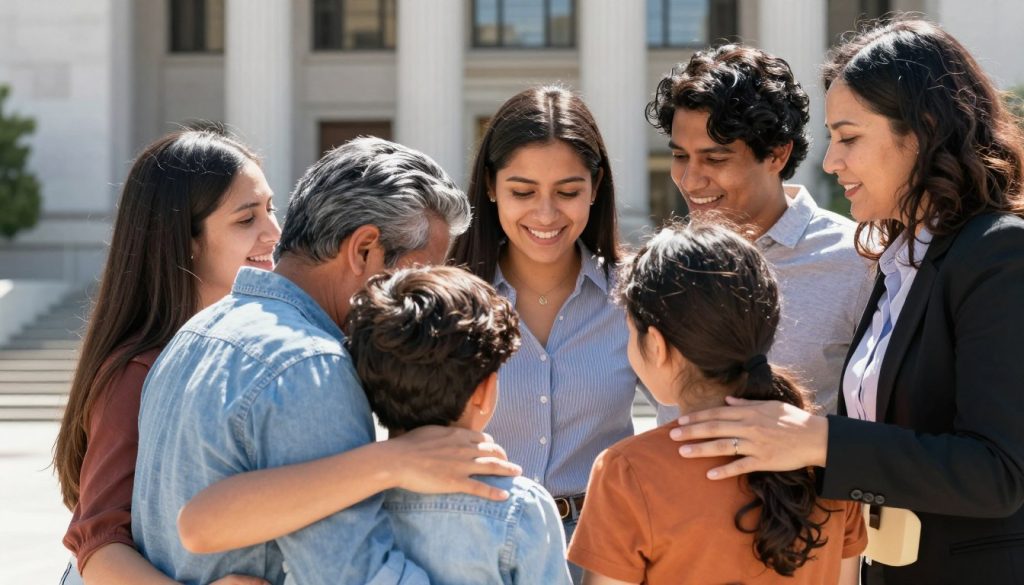 Familia celebrando después de un resultado positivo en la Corte de Inmigración en Los Ángeles