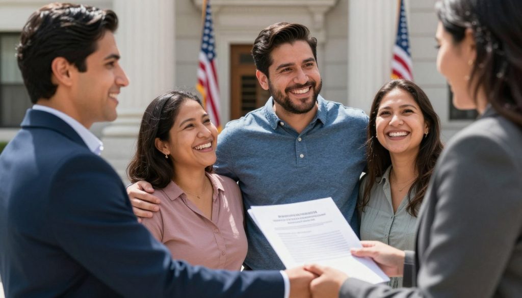 Familia celebrando resultado positivo de su caso en las Cortes de Inmigración en Santa Ana