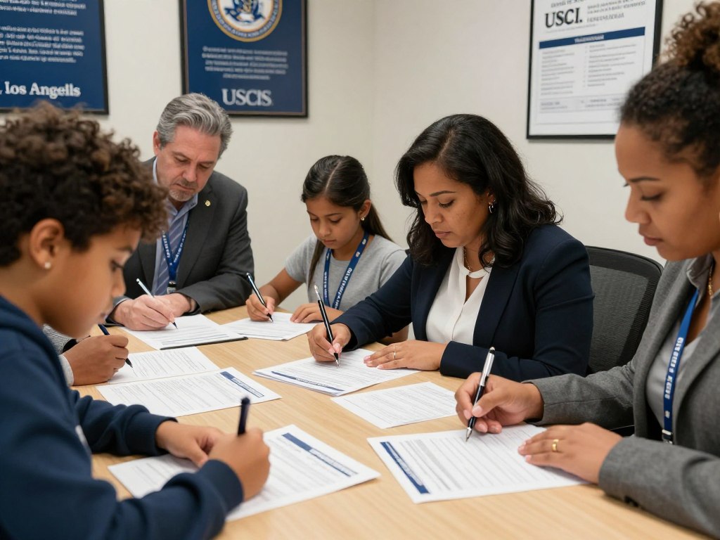 Familia completando formularios migratorios en una oficina de USCIS en Los Ángeles