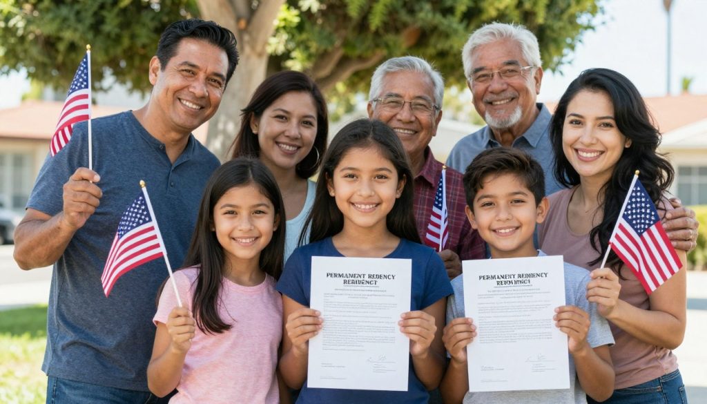 Familia inmigrante celebrando la obtención de residencia permanente en Los Ángeles