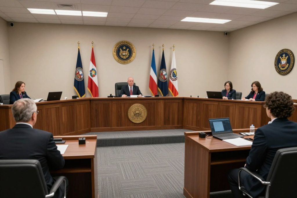 Interior de una corte de inmigración en Los Ángeles con juez y abogados