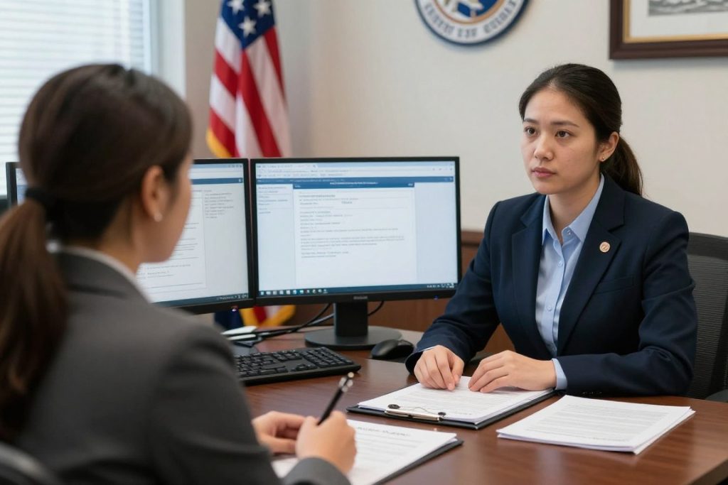 Oficial de USCIS entrevistando a un solicitante en una oficina de Los Ángeles Oficial de USCIS entrevistando a un solicitante en una oficina de Los Ángeles