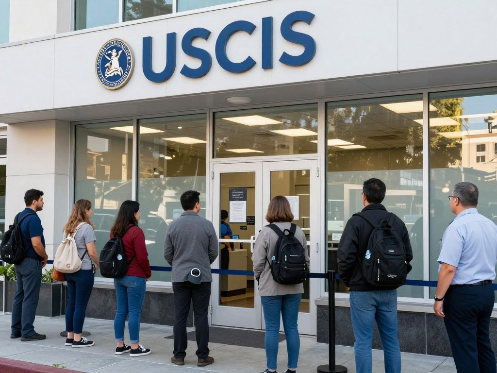 Oficina de USCIS en Los Ángeles con personas esperando servicios de inmigración