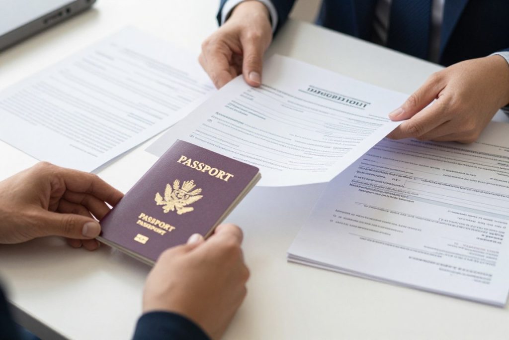 Persona organizando documentos de inmigración para una consulta legal