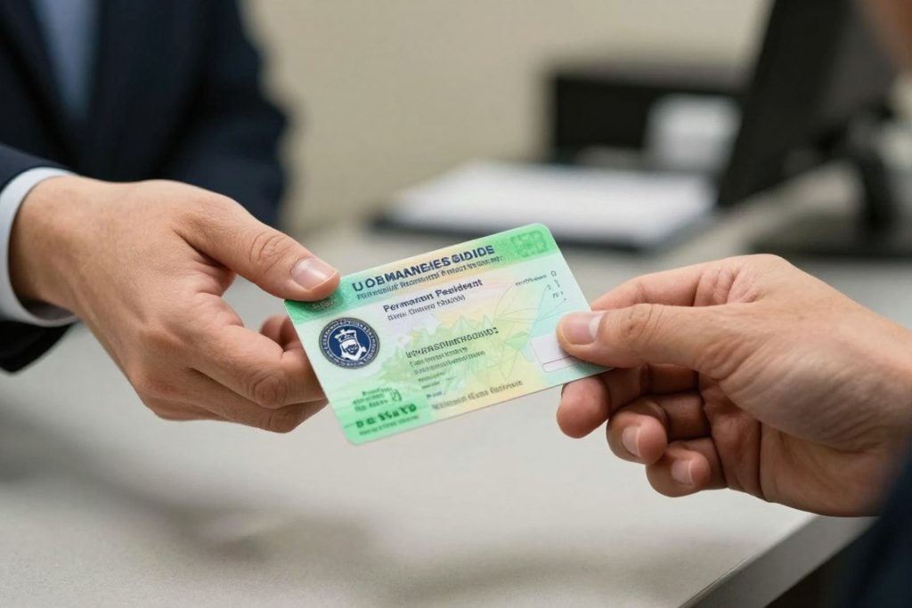 Persona recibiendo su tarjeta de residencia permanente (Green Card) en una oficina de USCIS