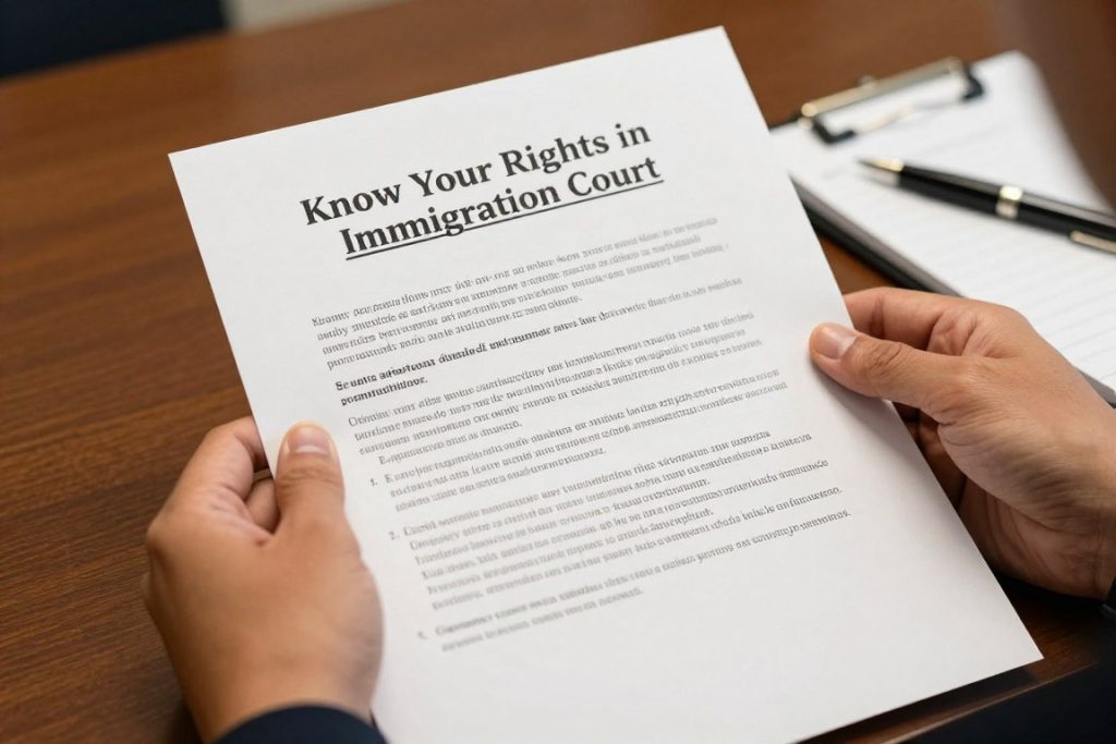 Persona revisando sus derechos legales para un caso en las Cortes de Inmigración en Santa Ana