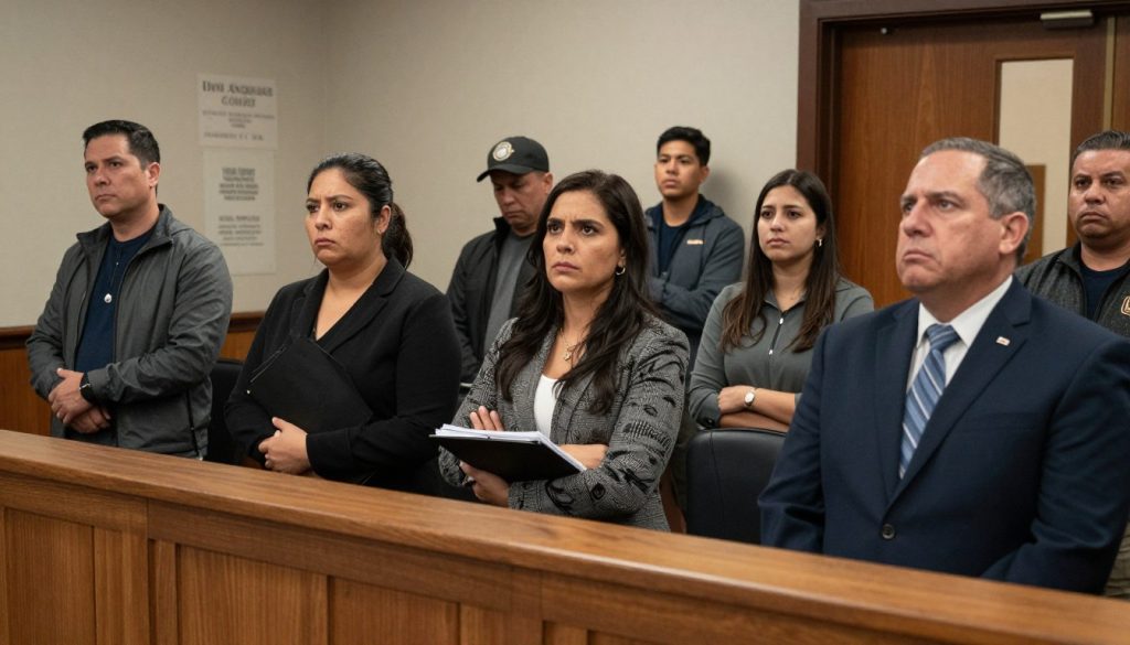 Personas esperando fuera de la sala de audiencias en la Corte de Inmigración en Los Ángeles