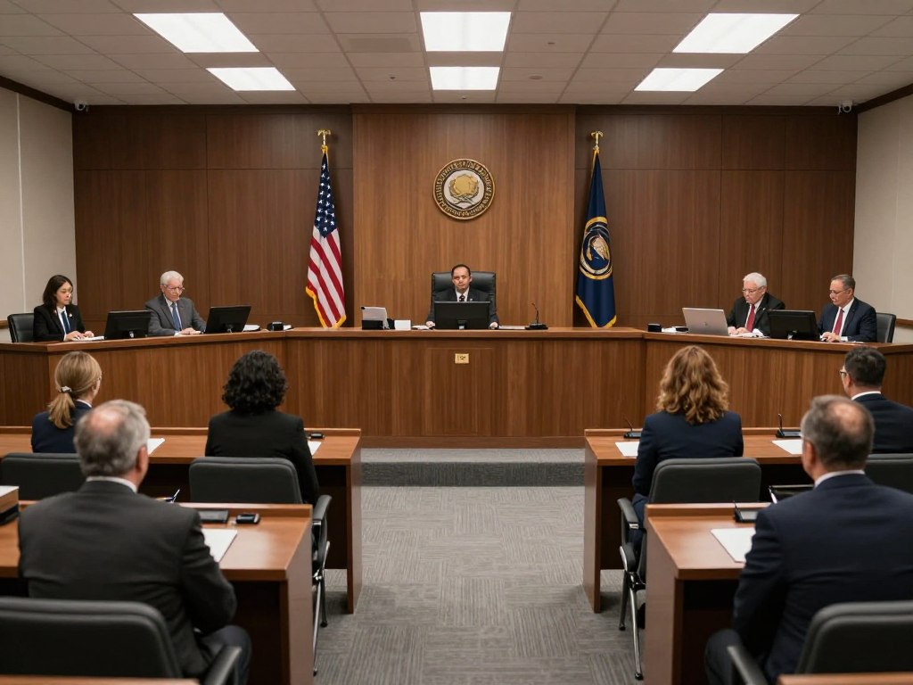 Sala de audiencias de una Corte de Inmigración en Santa Ana con juez y abogados