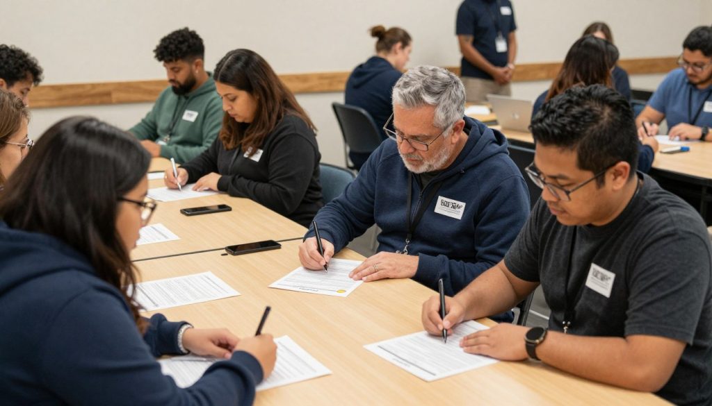 Taller comunitario de inmigración en Los Ángeles con voluntarios ayudando a completar formularios