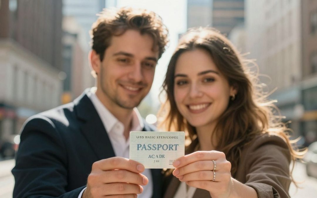 Pareja feliz con pasaportes, lista para visa K-1.