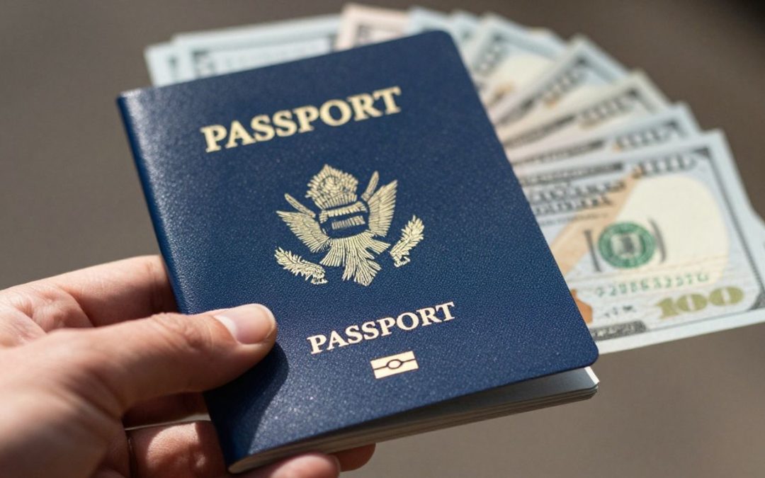 Pasaporte de EE. UU. y billetes de dólar estadounidense.