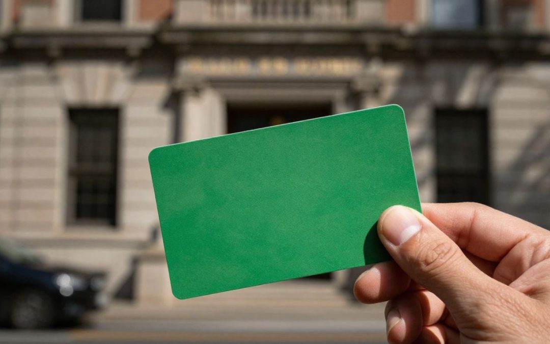 Tarjeta verde y edificio de justicia borroso.