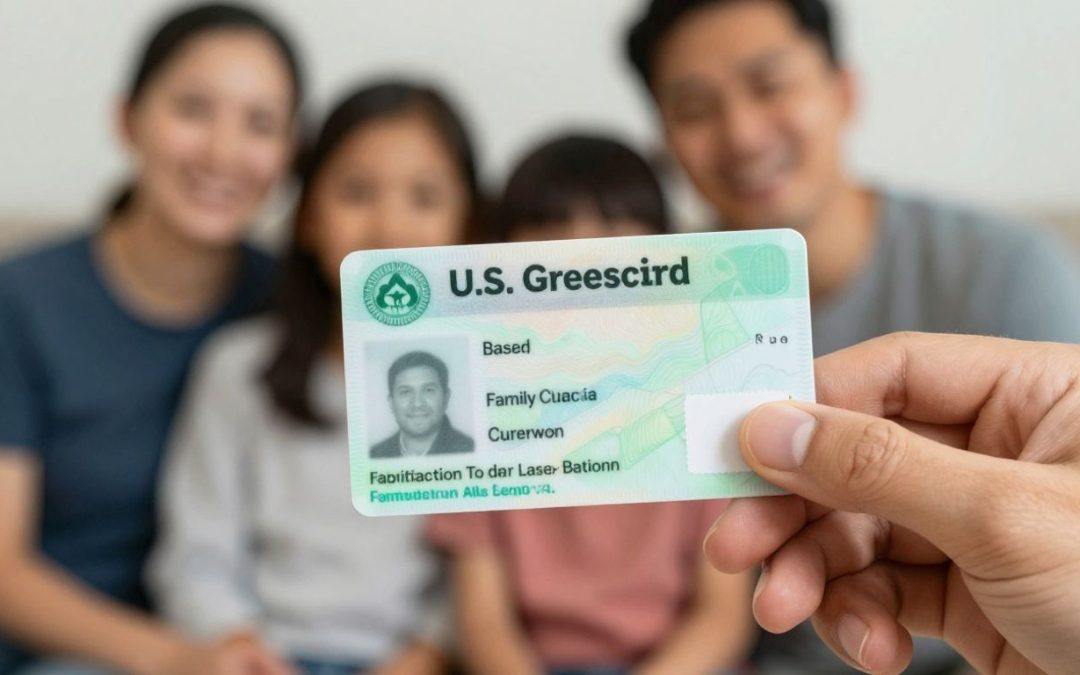 Mano sosteniendo una Green Card de EE. UU. con familia feliz.