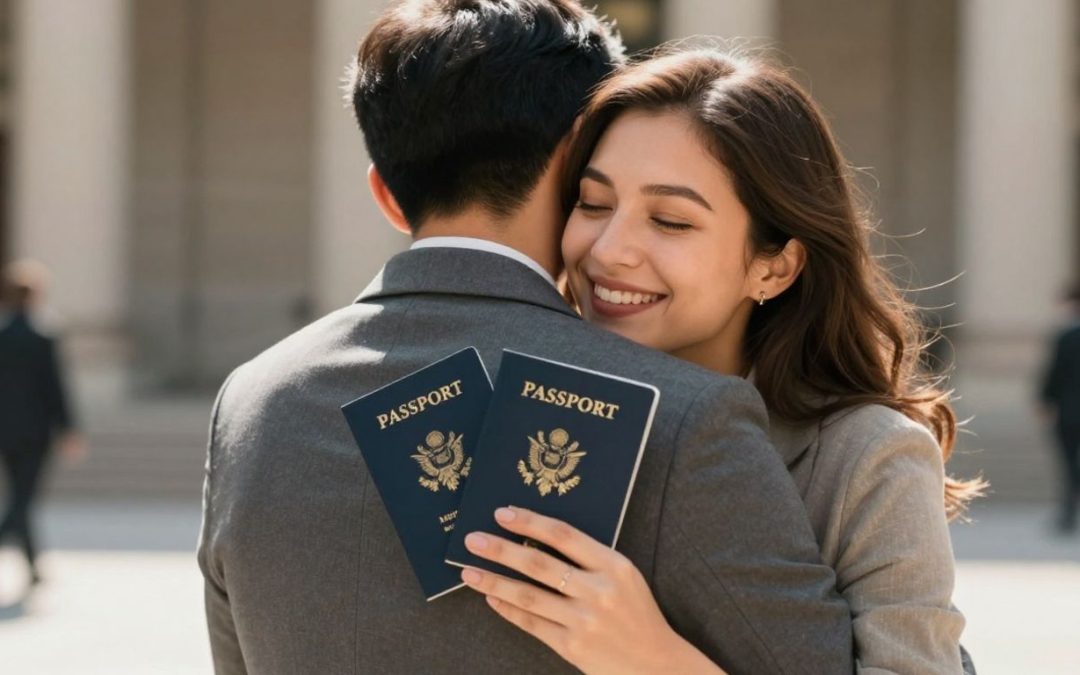 Pareja feliz celebrando la Green Card por matrimonio.