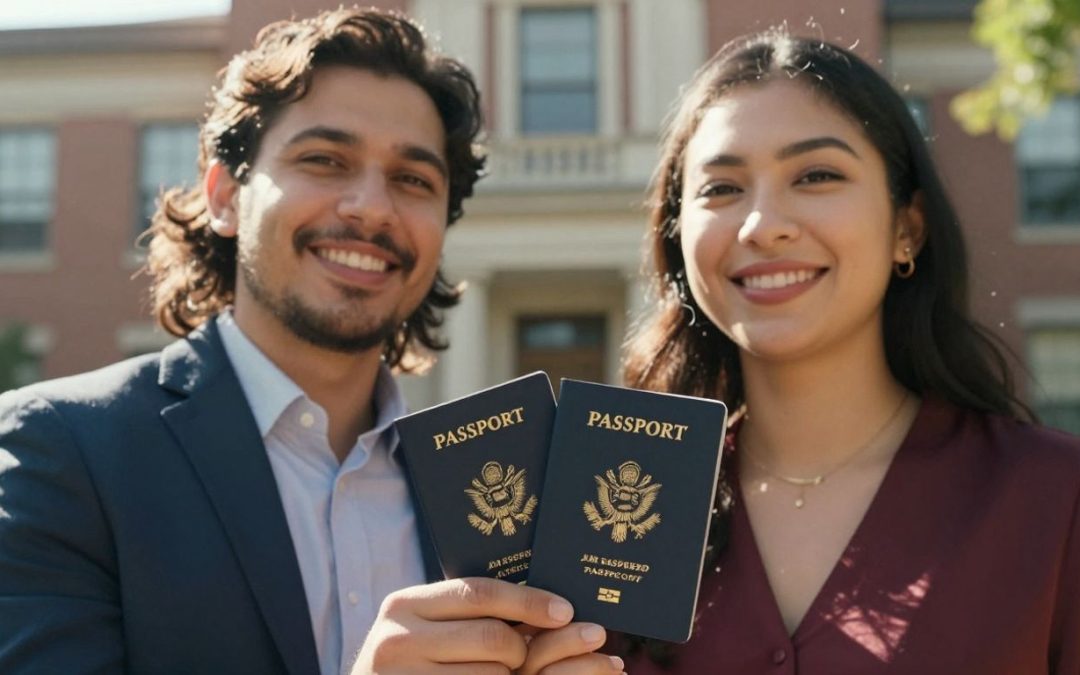 Pareja feliz con pasaporte y green card.
